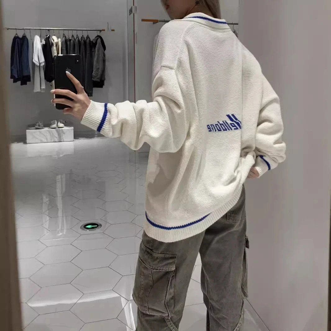 Heildone Oversized Cream Knit Sweater with Blue Trim