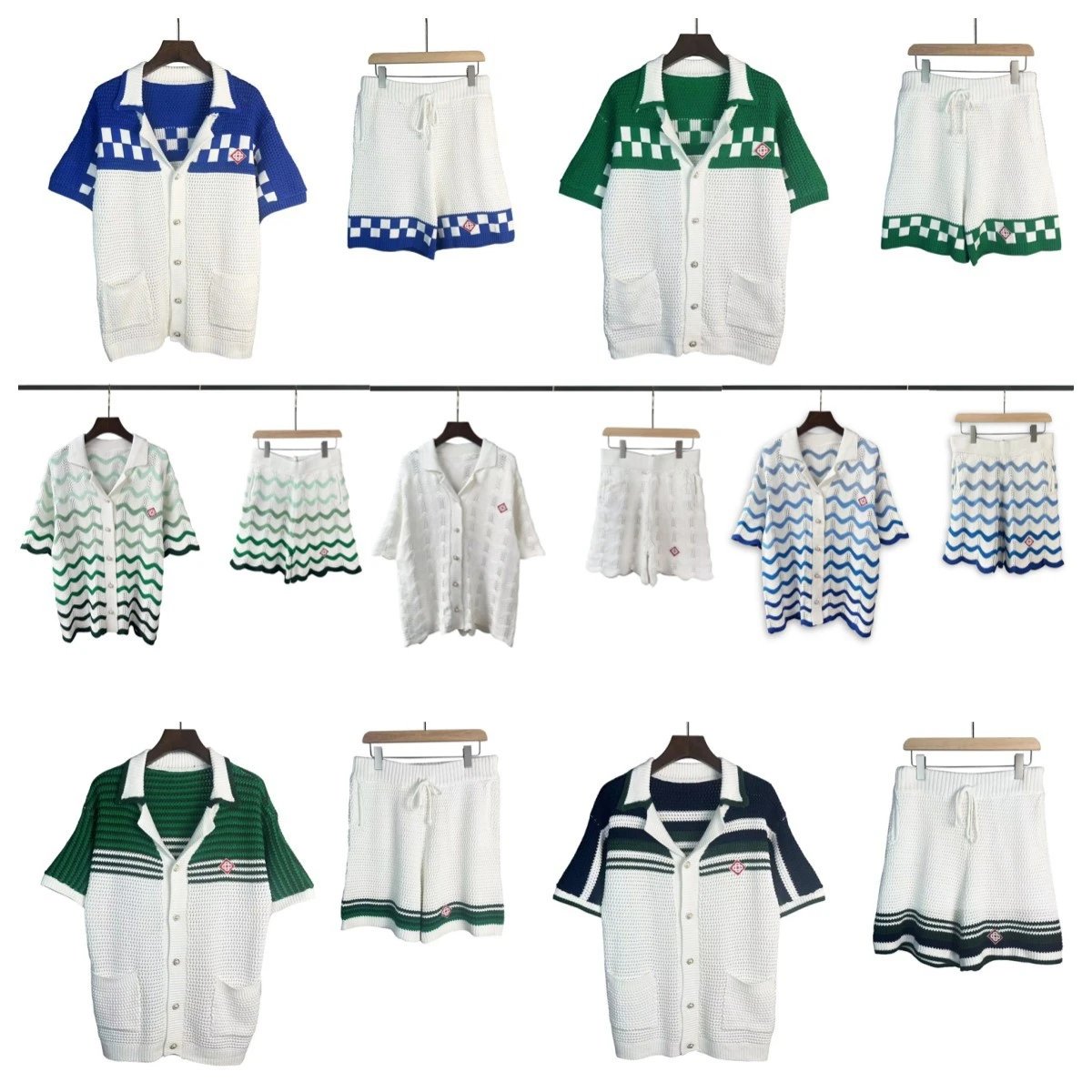 Casablanca珍珠纽扣撞色镂空针织衫毛衣男女款短袖开衫短裤套装夏