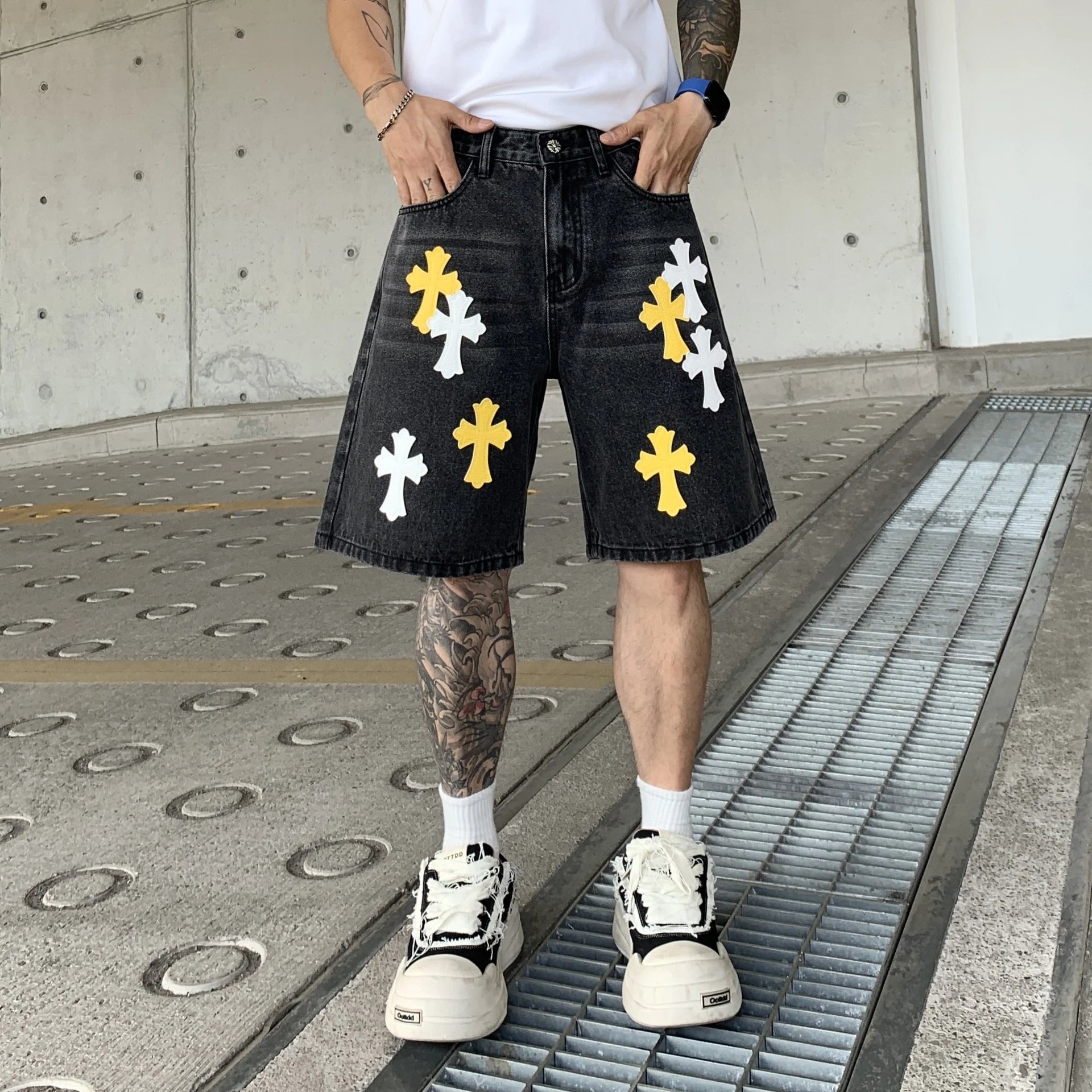Cross Embroidery Wide Relaxed Shorts