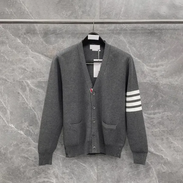 Thom Browne 4-Bar Stripe Gray Wool Cardigan - 1