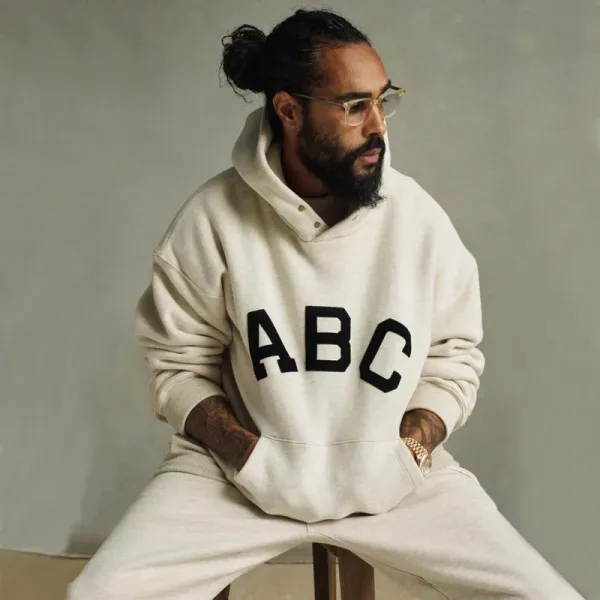 GRA ABC Oversized Cropped Hoodie and Matching Sweatpants Set Beige - 16