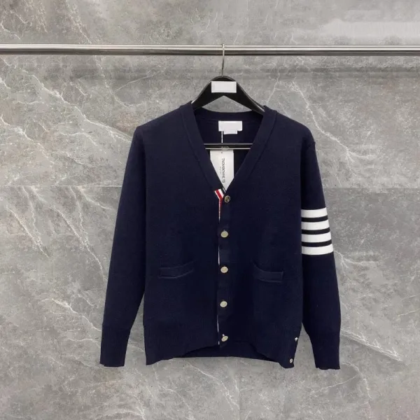 Thom Browne Four-Bar Stripe Navy Wool Cardigan - 1