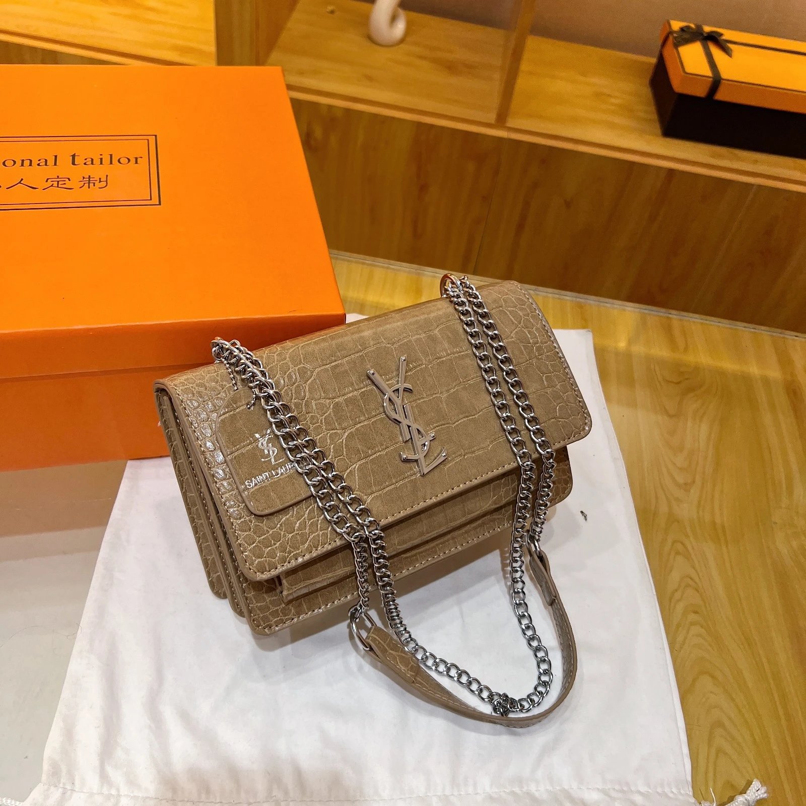 Saint Laurent Monogram White Croc-Embossed Chain Shoulder Bag