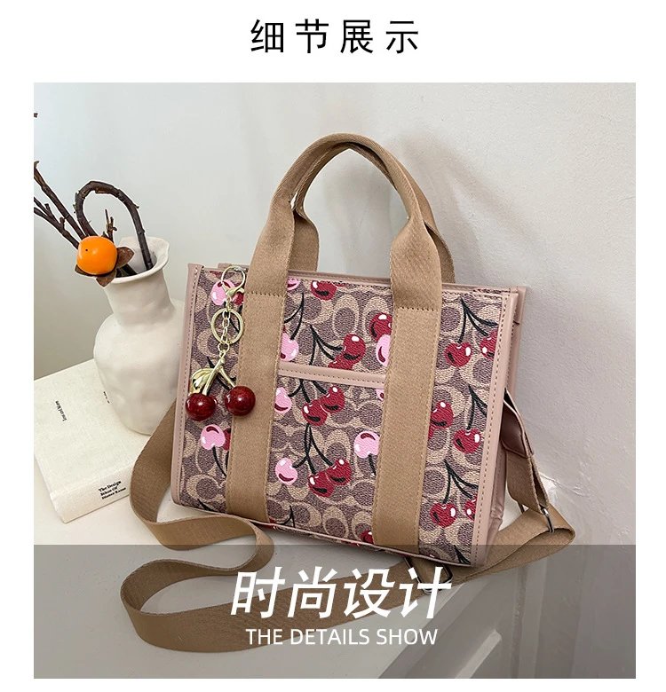 Coach Tabby Mini Tote Beige Signature Canvas Handbag with Cherry Charm - 6