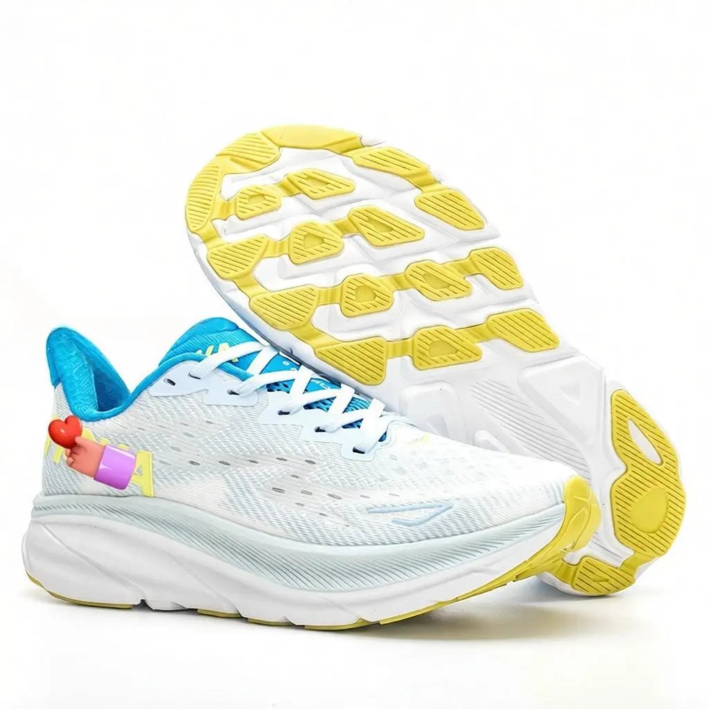 Hoka Clifton 9 White Blue Yellow Running Shoes