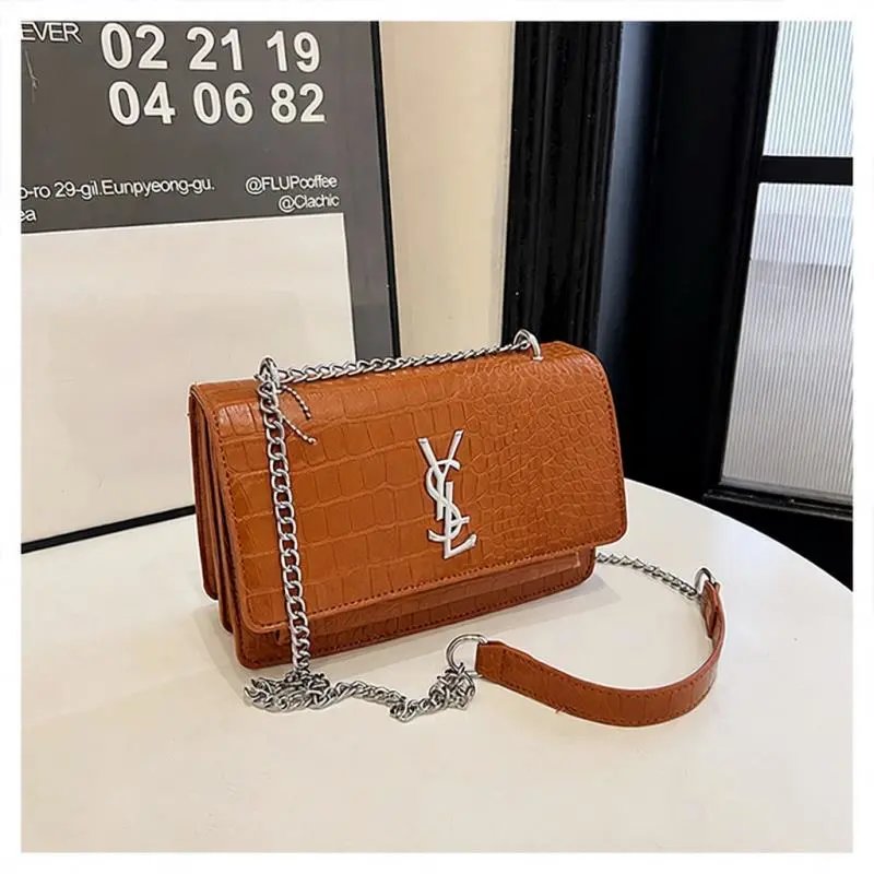 Saint Laurent Monogram White Croc-Embossed Chain Shoulder Bag