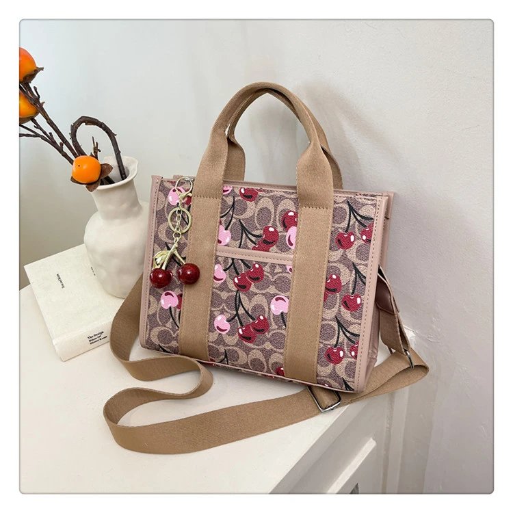 Coach Tabby Mini Tote Beige Signature Canvas Handbag with Cherry Charm - 25