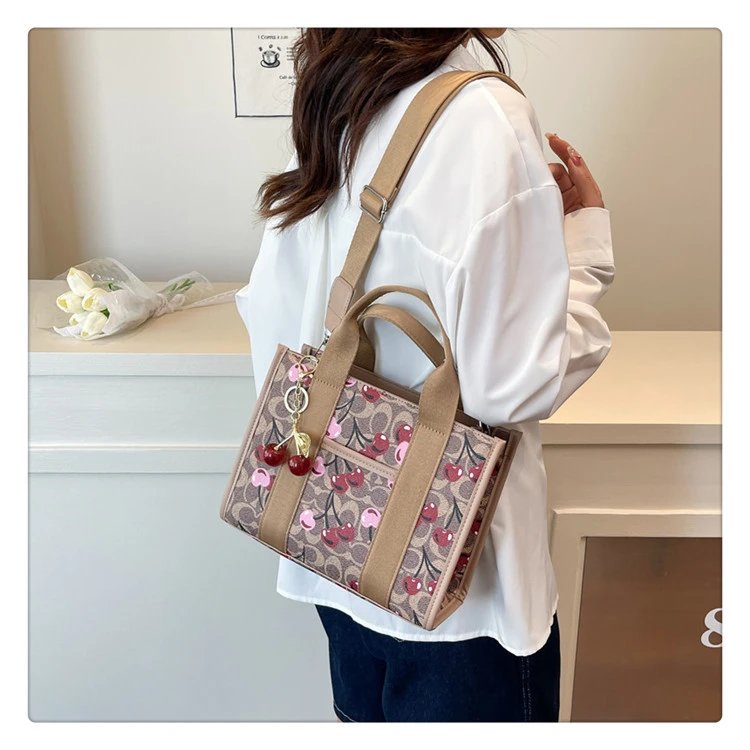 Coach Tabby Mini Tote Beige Signature Canvas Handbag with Cherry Charm - 43