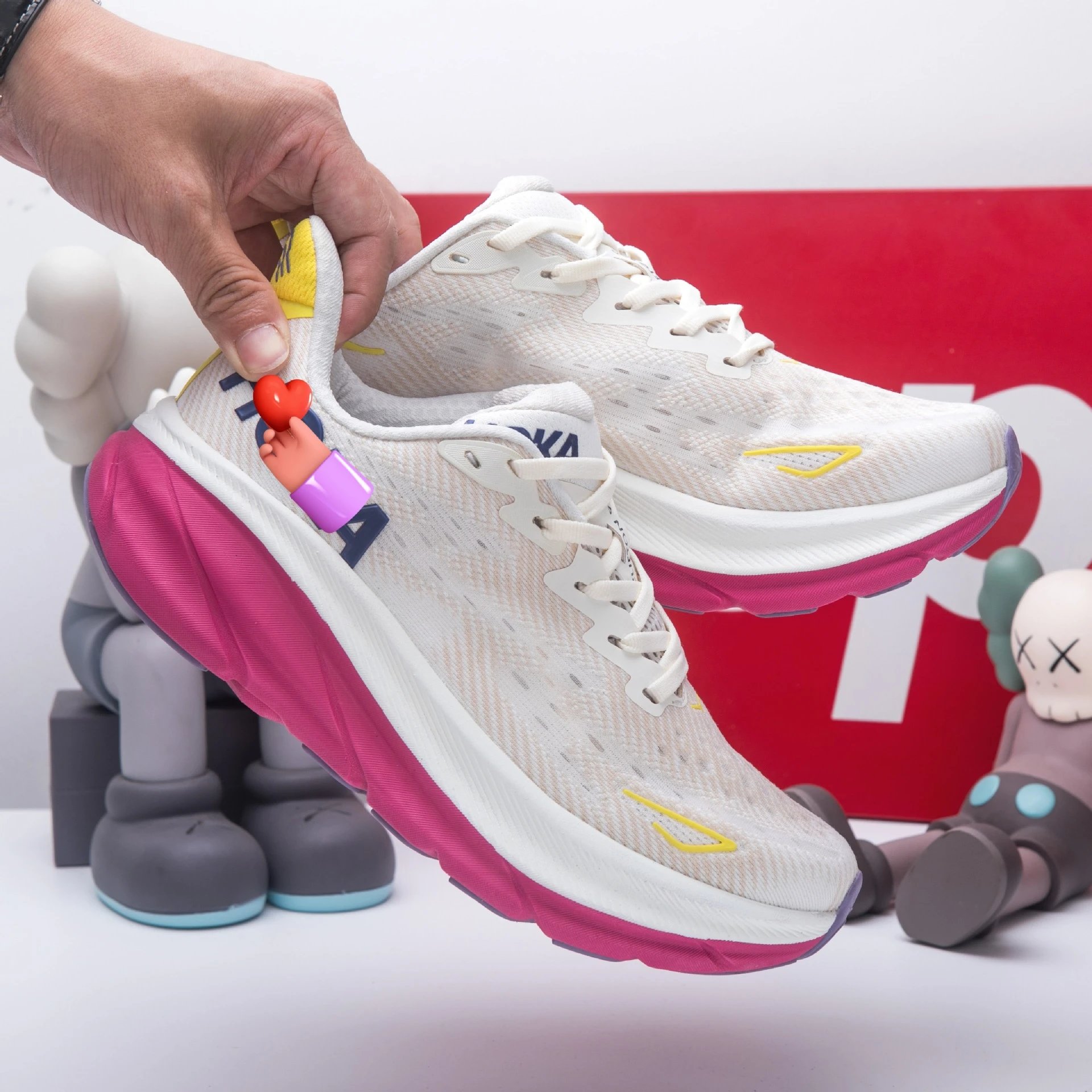 Hoka One One Clifton White Pink Yellow Running Shoes