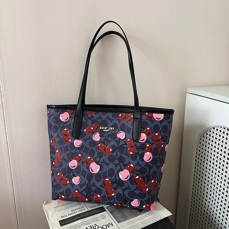 Coach Cherry Print Tote Bag Pink Blue Beige White Burgundy Floral Pattern