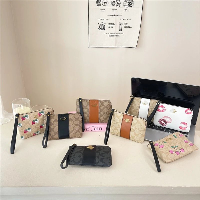 Coach Wristlet Collection Beige Brown Black White Printed Casual Clutch