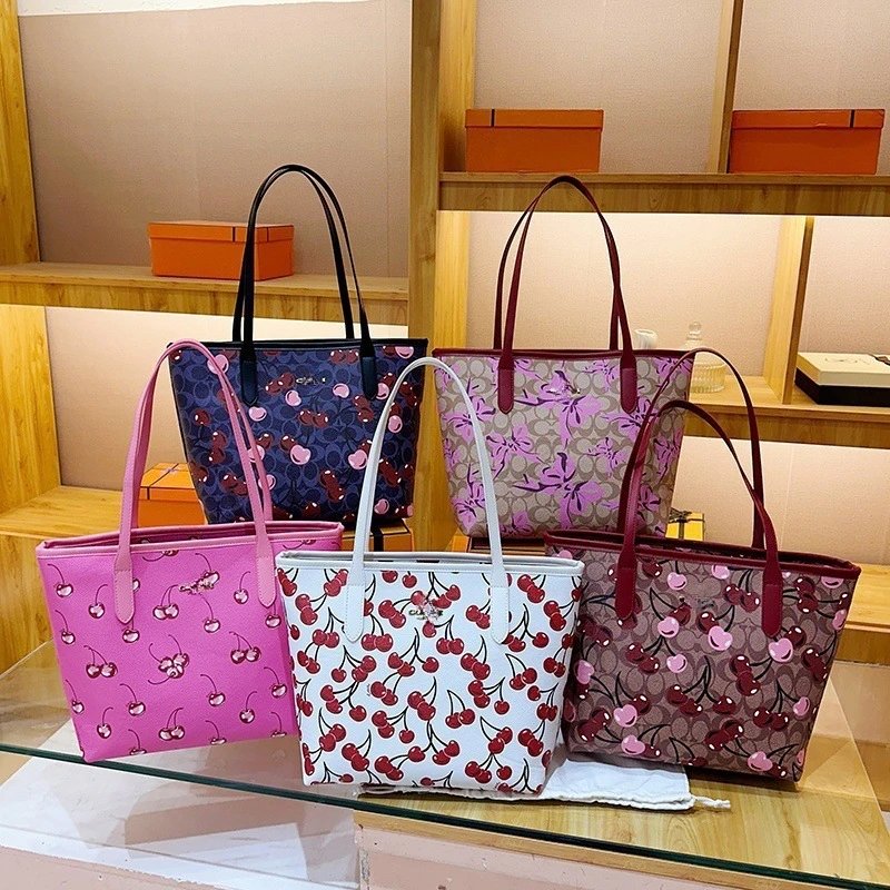Coach Cherry Print Tote Bag Pink Blue Beige White Burgundy Floral Pattern