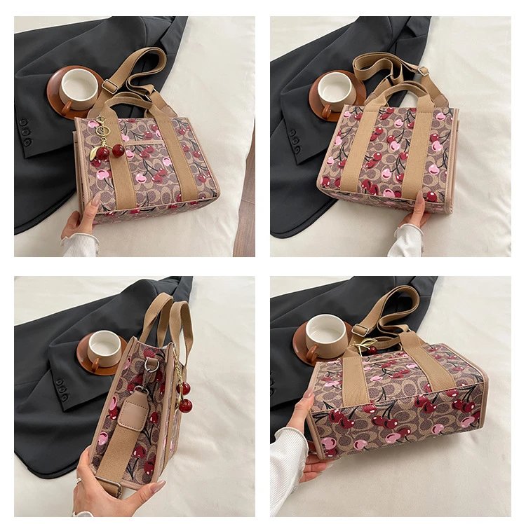 Coach Tabby Mini Tote Beige Signature Canvas Handbag with Cherry Charm - 12