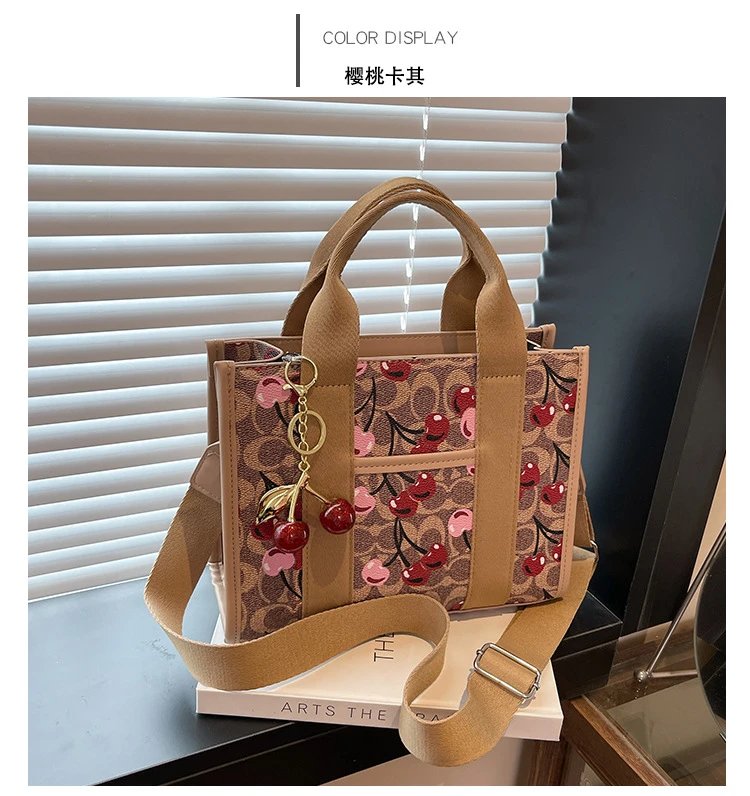 Coach Tabby Mini Tote Beige Signature Canvas Handbag with Cherry Charm - 15