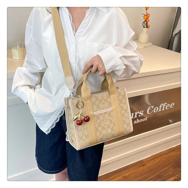 Coach Tabby Mini Tote Beige Signature Canvas Handbag with Cherry Charm - 38
