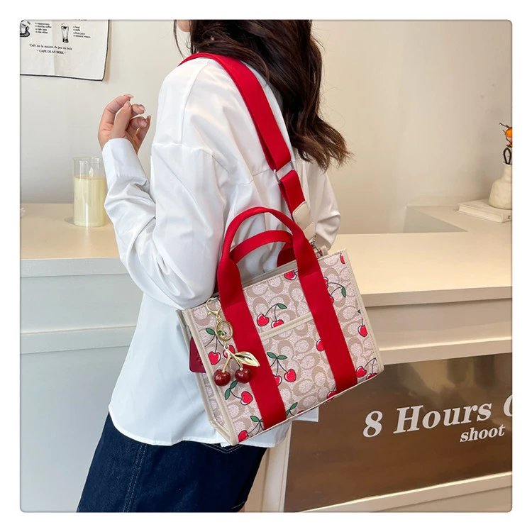 Coach Tabby Mini Tote Beige Signature Canvas Handbag with Cherry Charm - 39