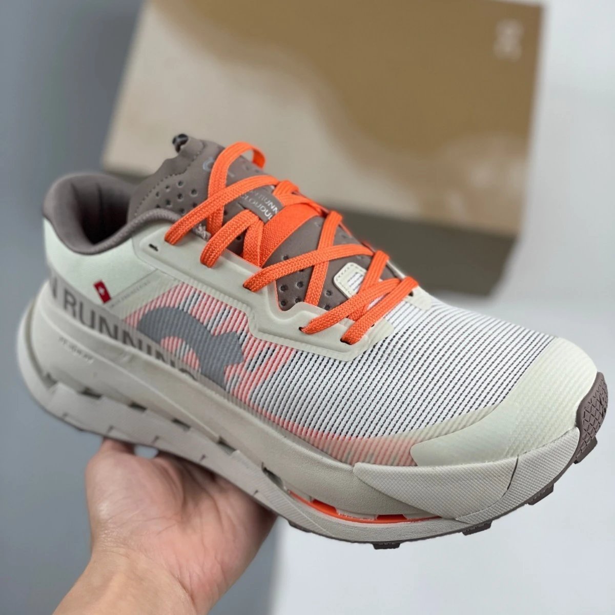 On Cloudmonster Light Grey Orange Performance Running Shoes