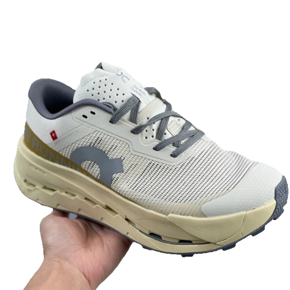 On Cloudmonster Light Grey Orange Performance Running Shoes