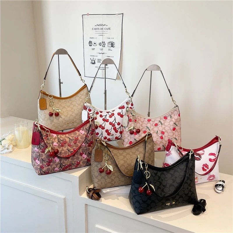 Coach Hobo Bag Beige Brown Pink Black Cherry Print Casual Handbag