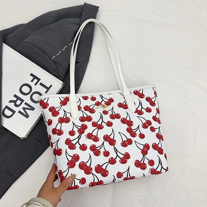 Coach Cherry Print Tote Bag Pink Blue Beige White Burgundy Floral Pattern