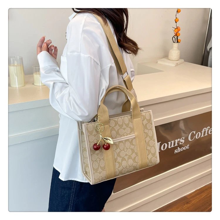 Coach Tabby Mini Tote Beige Signature Canvas Handbag with Cherry Charm - 37