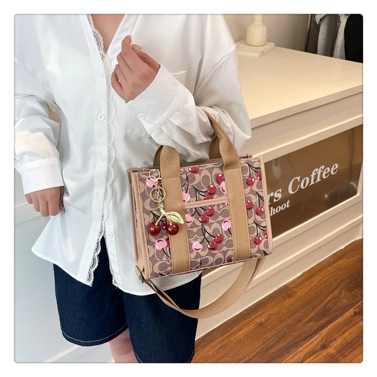 Coach Tabby Mini Tote Beige Signature Canvas Handbag with Cherry Charm - 42