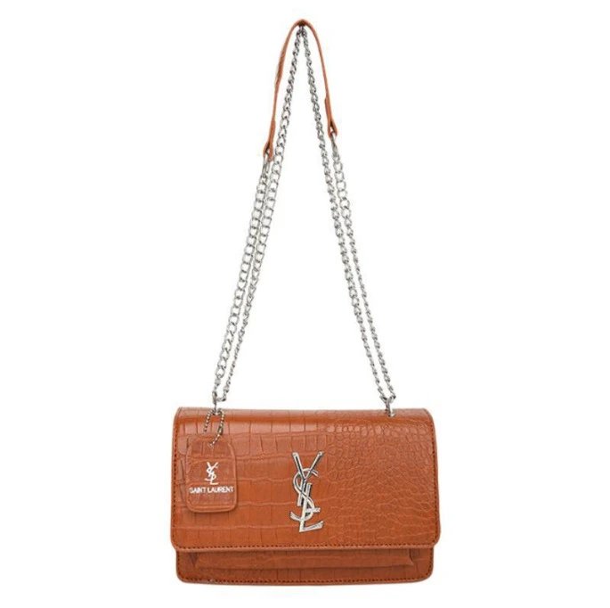 Saint Laurent Monogram White Croc-Embossed Chain Shoulder Bag