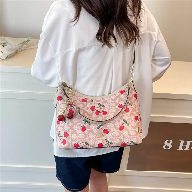 Coach Hobo Bag Beige Brown Pink Black Cherry Print Casual Handbag