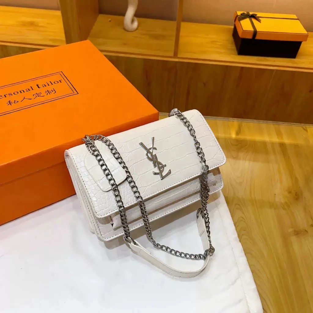 Saint Laurent Monogram White Croc-Embossed Chain Shoulder Bag