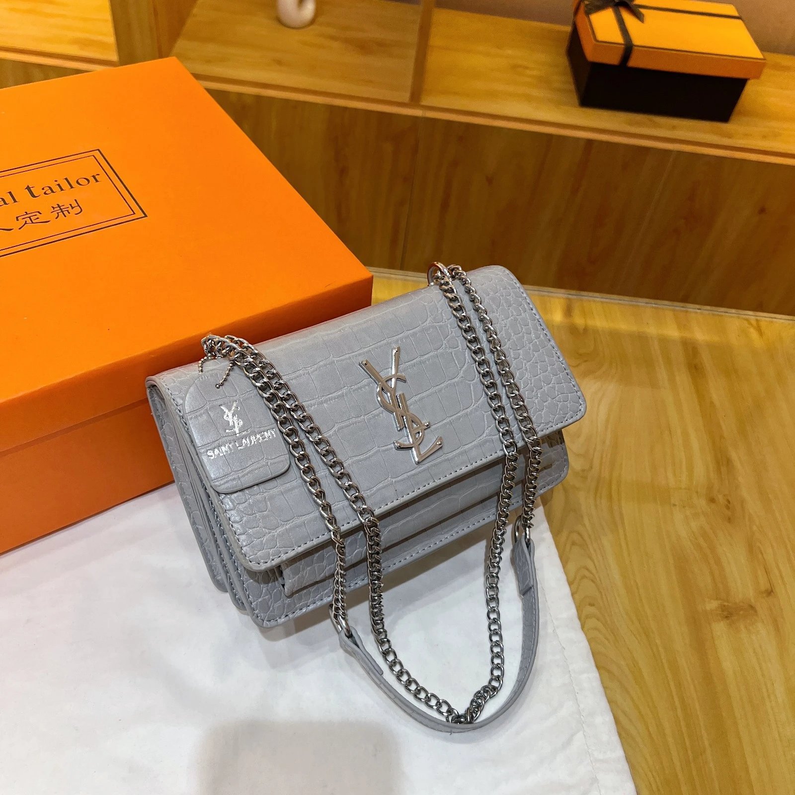 Saint Laurent Monogram White Croc-Embossed Chain Shoulder Bag