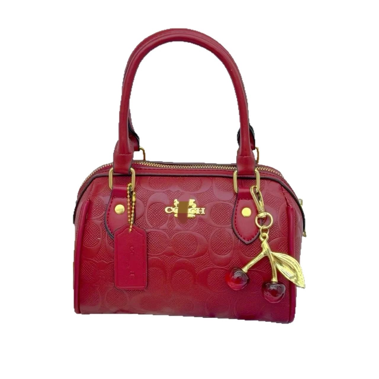 Coach Mini Bowler Black Signature Leather Handbag with Cherry Charm