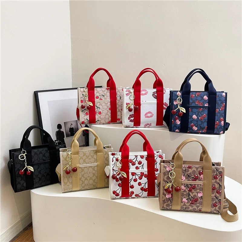 Coach Tabby Cherry Print Beige Tan Red Navy Black Handbag