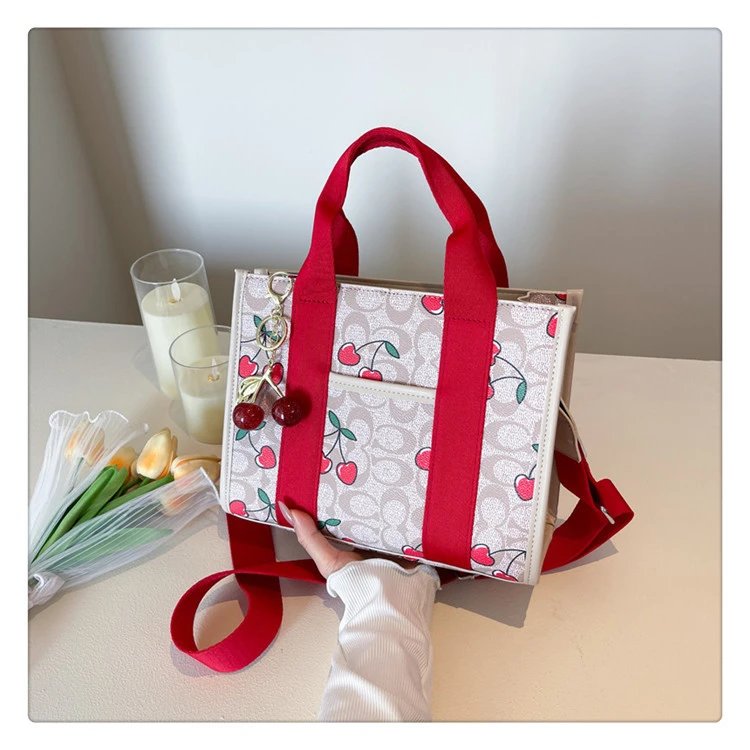 Coach Tabby Mini Tote Beige Signature Canvas Handbag with Cherry Charm - 21