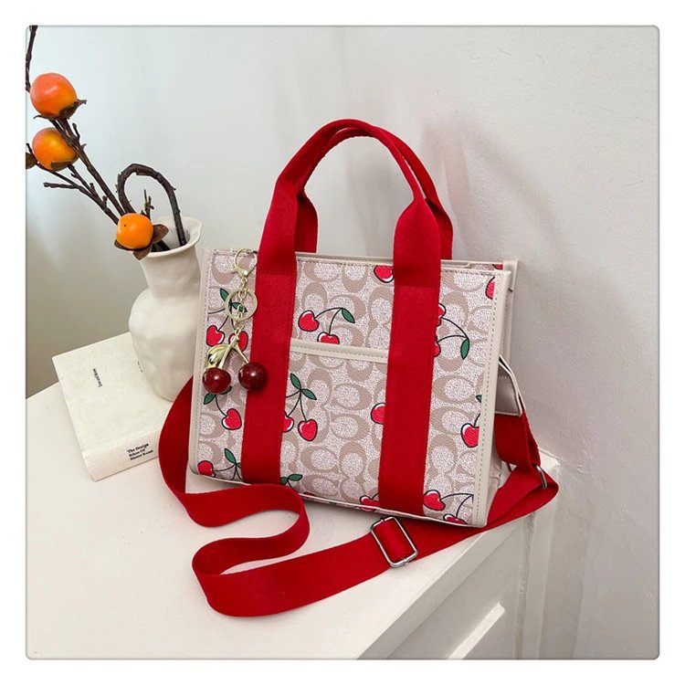 Coach Tabby Mini Tote Beige Signature Canvas Handbag with Cherry Charm - 24