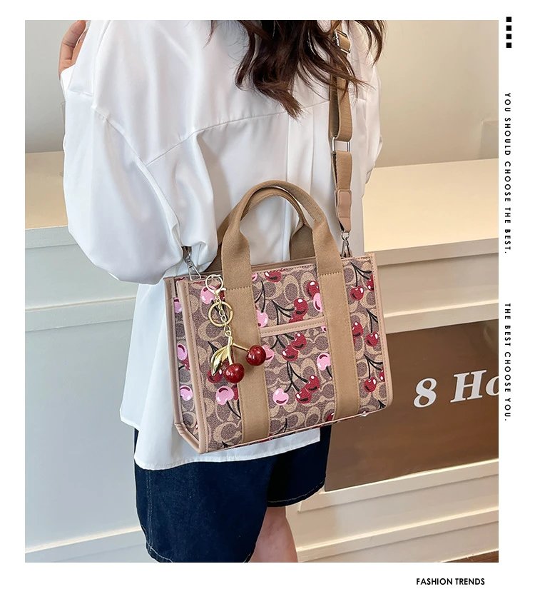 Coach Tabby Mini Tote Beige Signature Canvas Handbag with Cherry Charm - 2
