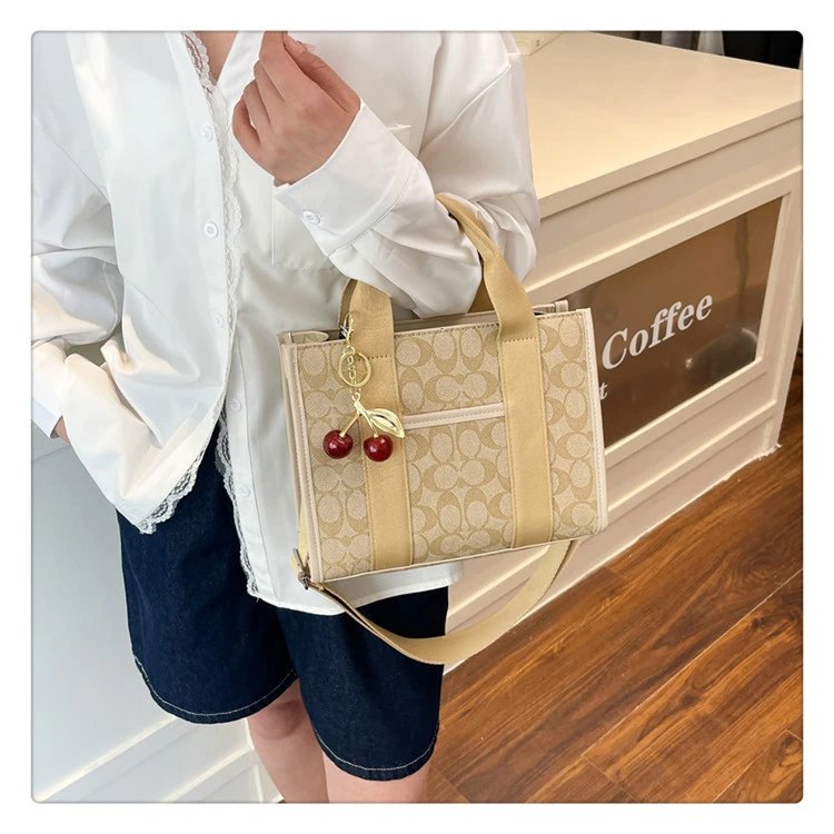 Coach Tabby Mini Tote Beige Signature Canvas Handbag with Cherry Charm - 36