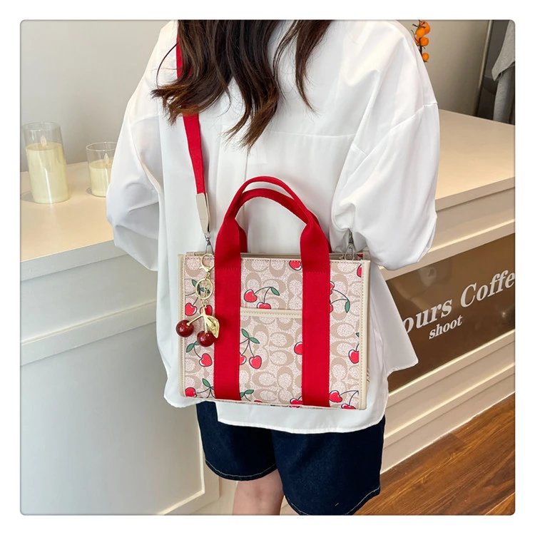 Coach Tabby Mini Tote Beige Signature Canvas Handbag with Cherry Charm - 41