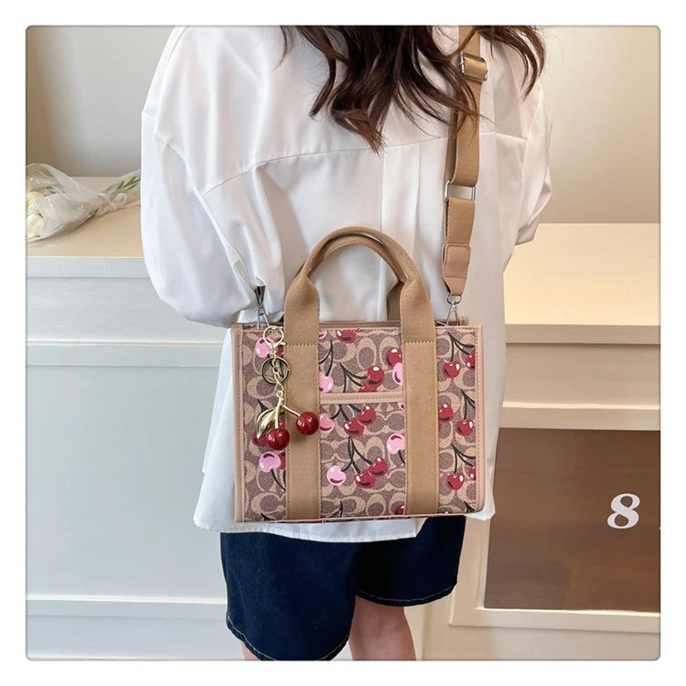 Coach Tabby Mini Tote Beige Signature Canvas Handbag with Cherry Charm - 44