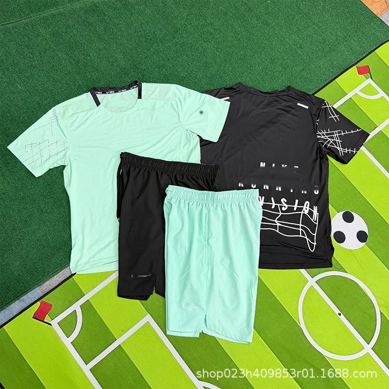 Nike Run Division Light Green Performance T-Shirt and Black Graphic Shorts Set Activewear - 4