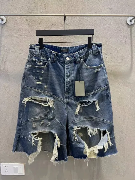 Design Distressed Wide-Leg Denim Shorts Blue - 4