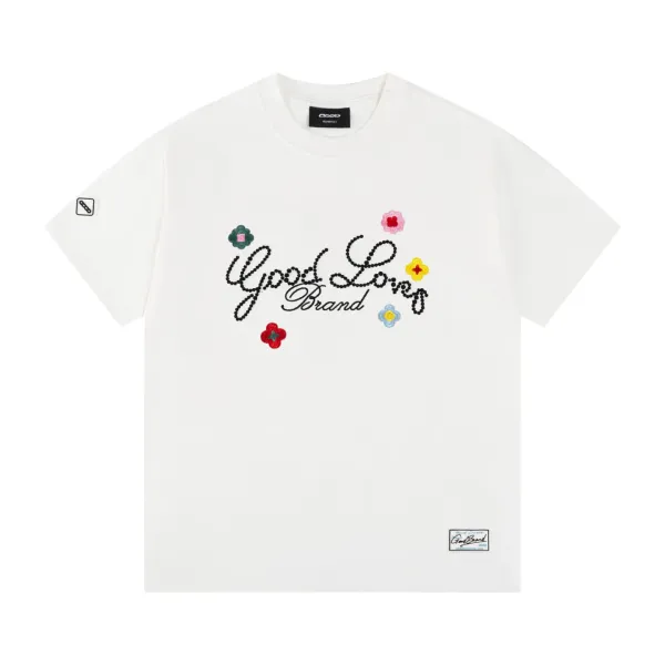 Good Love Brand Embroidered Floral Script T-Shirt White - 1