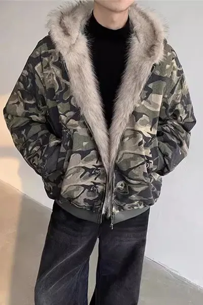Camouflage Fur-Trimmed Bomber Jacket - 1