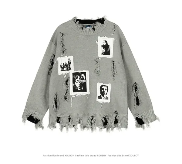 Off-White Distressed Photo-Patch Knit Sweater Black - 9