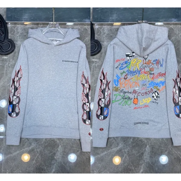 Chrome Hearts x Dinosaur Design Flame Sleeve Hoodie Gray - 1