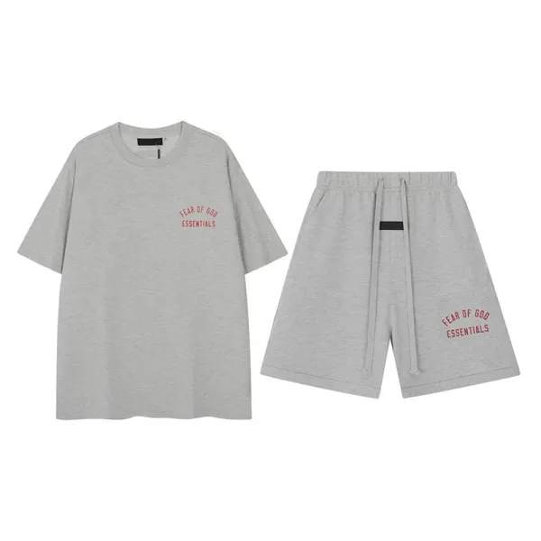 Fear of God Essentials Gray Logo Print T-Shirt and Shorts Set - 1