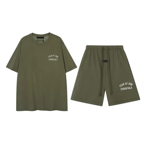 Fear of God Essentials Olive Green Logo T-Shirt and Shorts Set - 1