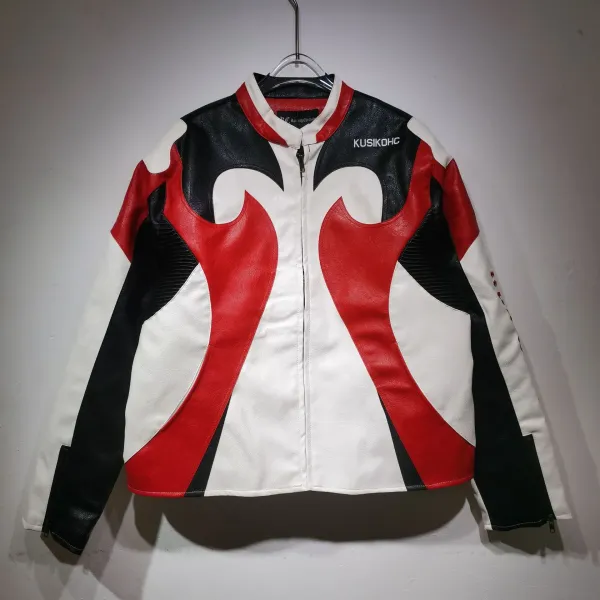 Kusikohc Flame Motif Leather Jacket Red Black White - 28