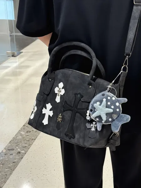 Chrome Hearts Inspired Cross Motif Distressed Black Boston Bag - 5