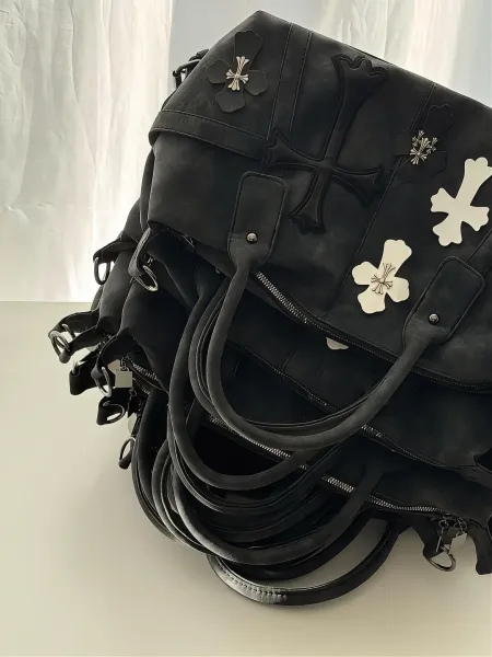 Chrome Hearts Inspired Cross Motif Distressed Black Boston Bag - 10