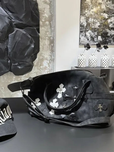 Chrome Hearts Inspired Cross Motif Distressed Black Boston Bag - 16